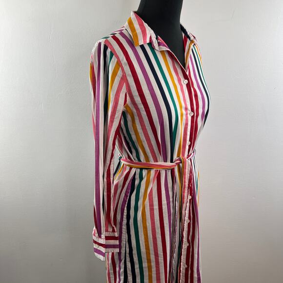 J. Crew Rainbow Striped Shirt Dress Belted Cotton Long Sleeves Knee Length Sz XS - Picture 8 of 12